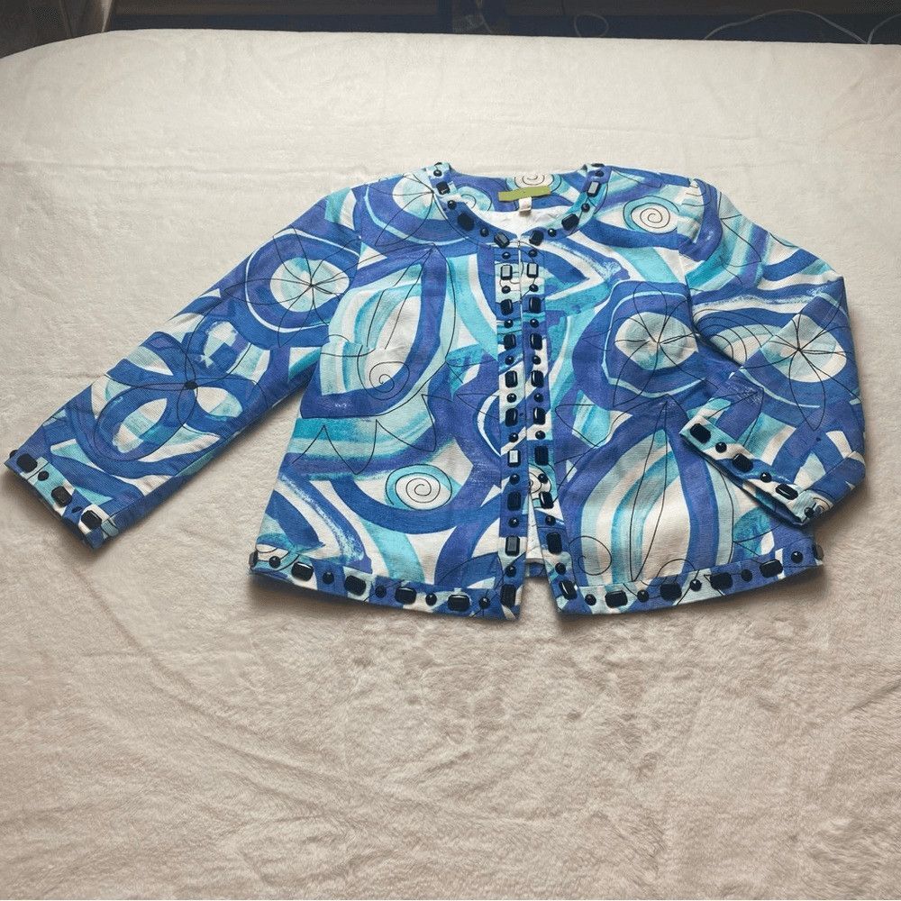 Sigrid Olsen Linen Cotton Jacket Size 6 Blue Abstract Print Embellished 3/4 Slee